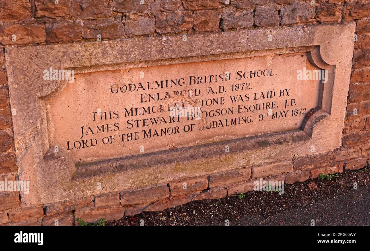 Foundation stone 1872 at Godalming British school, Bridge Road, Godalming, Waverley, Surrey, England, UK, GU7 3DU Stock Photo