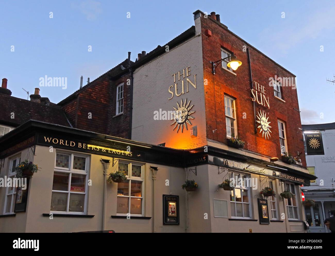 The Sun Inn, 1 Wharf St, Godalming , Waverley, Surrey, England, UK, GU7 1NN, at dusk Stock Photo