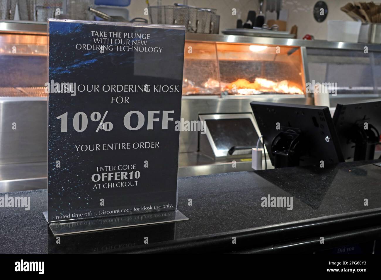 Deep Blue chippy ordering technology, 10% discount, Fish bar, 7-8, Bridge St, Godalming, Waverley, Surrey, England, UK,  GU7 1HY Stock Photo