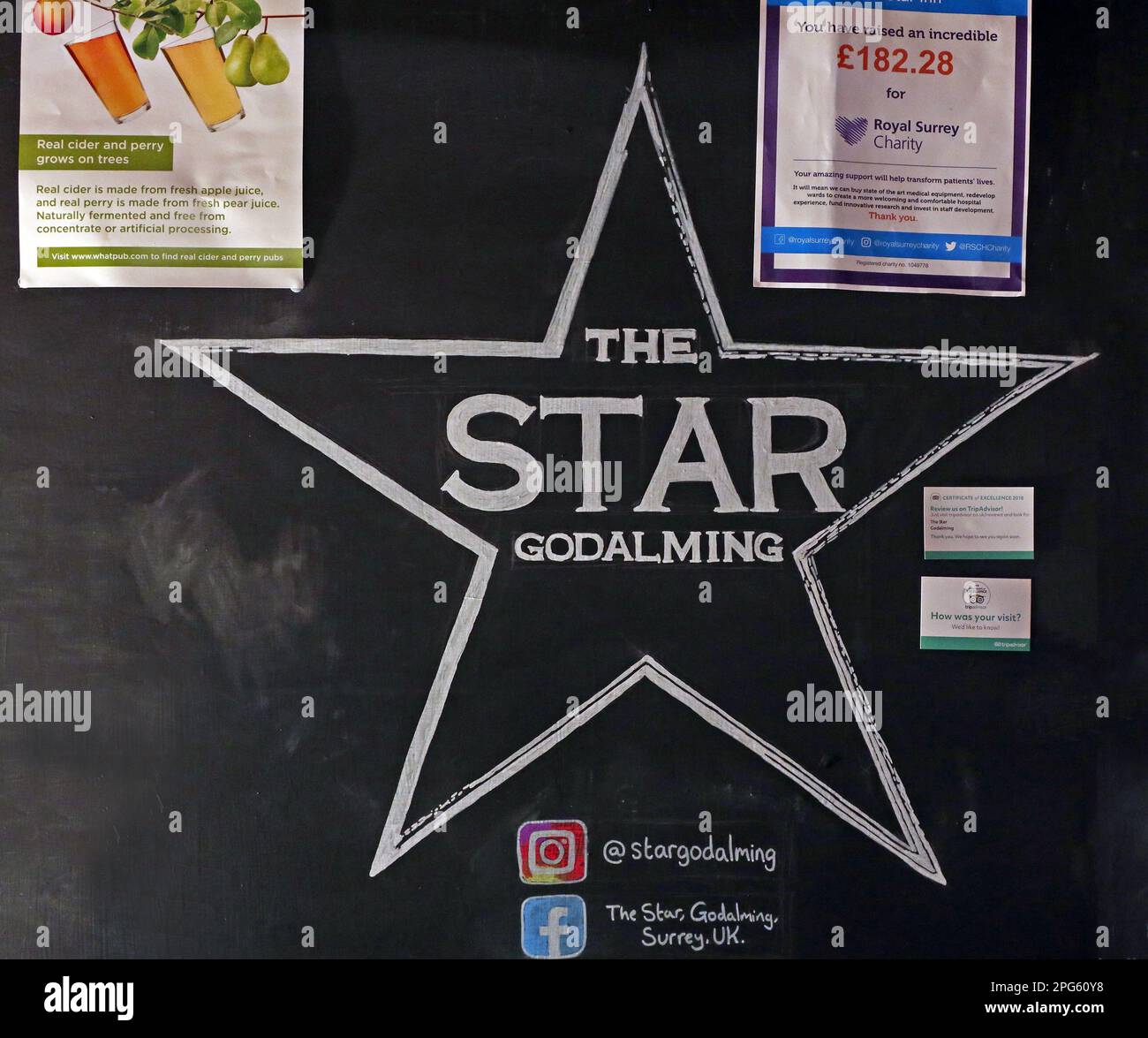 The Star Inn events blackboard (CAMRA award winning) pub in Church Street, Godalming, Waverley, Surrey, England, UK, GU7 1EL Stock Photo