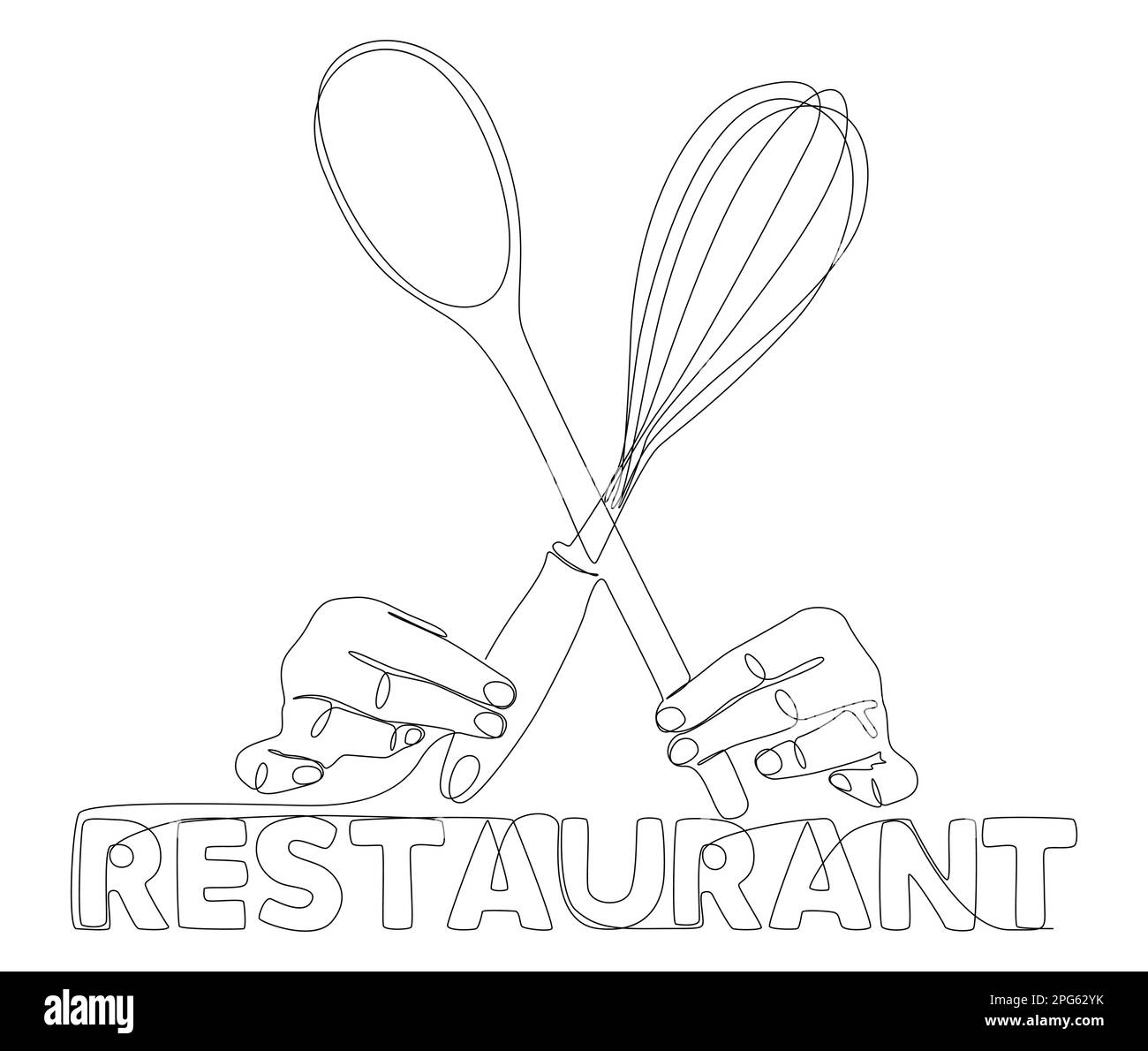 One continuous line of hand holding Kitchen Utensil with Restaurant text. Thin Line Illustration vector concept. Contour Drawing Creative ideas. Stock Vector