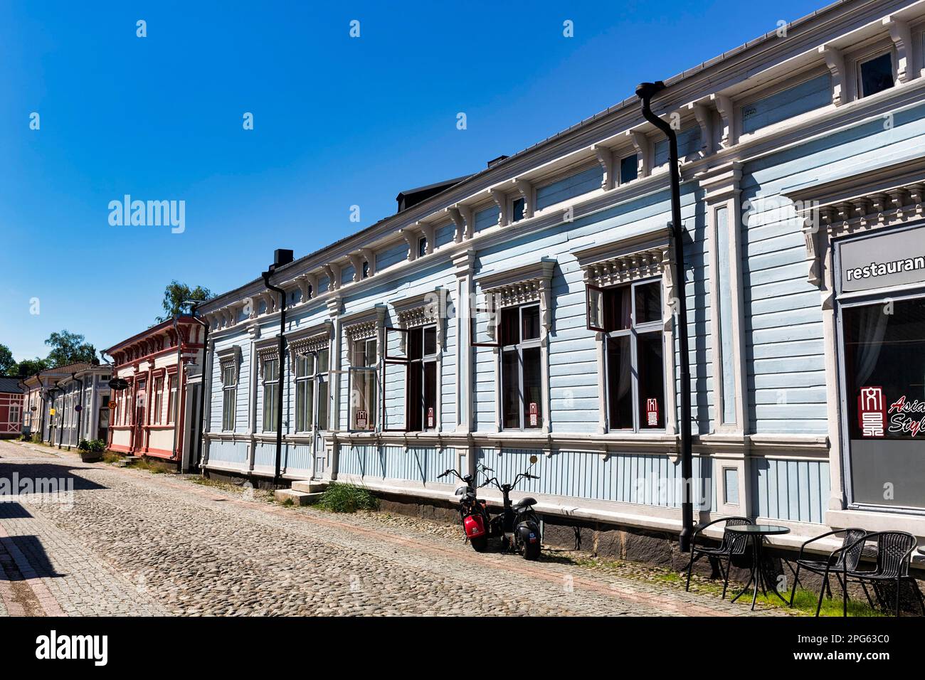 Typical street, traditional architecture, wooden houses in the old town, UNESCO World Heritage Site, Rauma, Satakunta, Finland Stock Photo