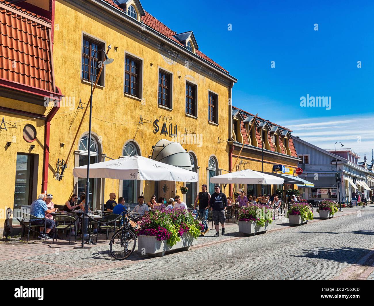 Cafe, Pedestrians in the Old Town, UNESCO World Heritage Site, Summer in Rauma, Satakunta, Finland Stock Photo
