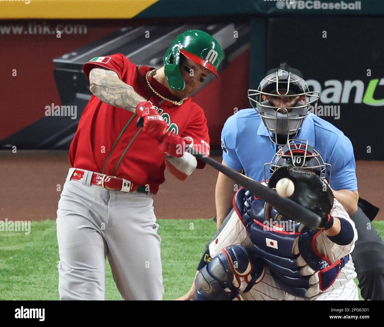 Alex Verdugo of Mexico hits one-run double in the 8th inning during the  World Baseball Classic (WBC) semifinal match between Mexico and Japan at  LoanDepot Park in Miami, Florida, United States on