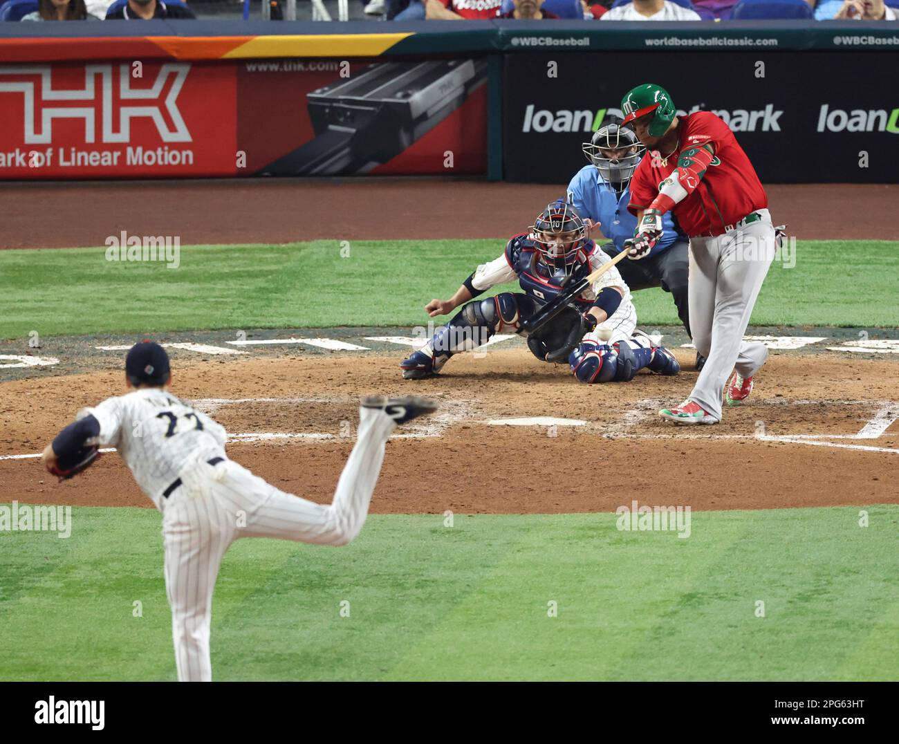 Isaac Paredes of Mexico singles on a sharp ground ball to left fielder in  the 8th inning during the World Baseball Classic (WBC) semifinal match  between Mexico and Japan at LoanDepot Park
