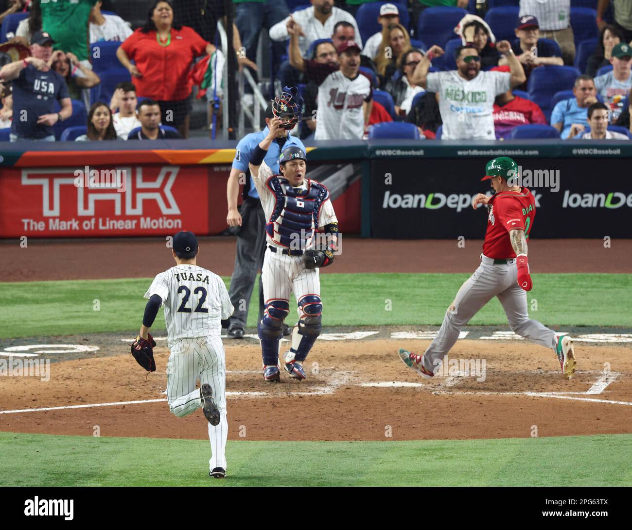 Isaac Paredes of Mexico singles on a sharp ground ball to left fielder in  the 8th inning during the World Baseball Classic (WBC) semifinal match  between Mexico and Japan at LoanDepot Park