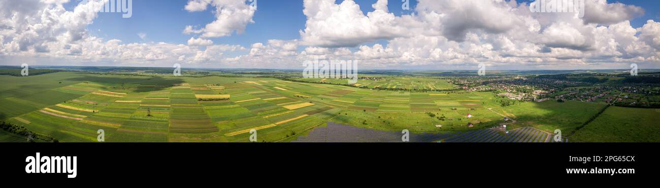 Aerial landscape view of green cultivated agricultural fields with ...