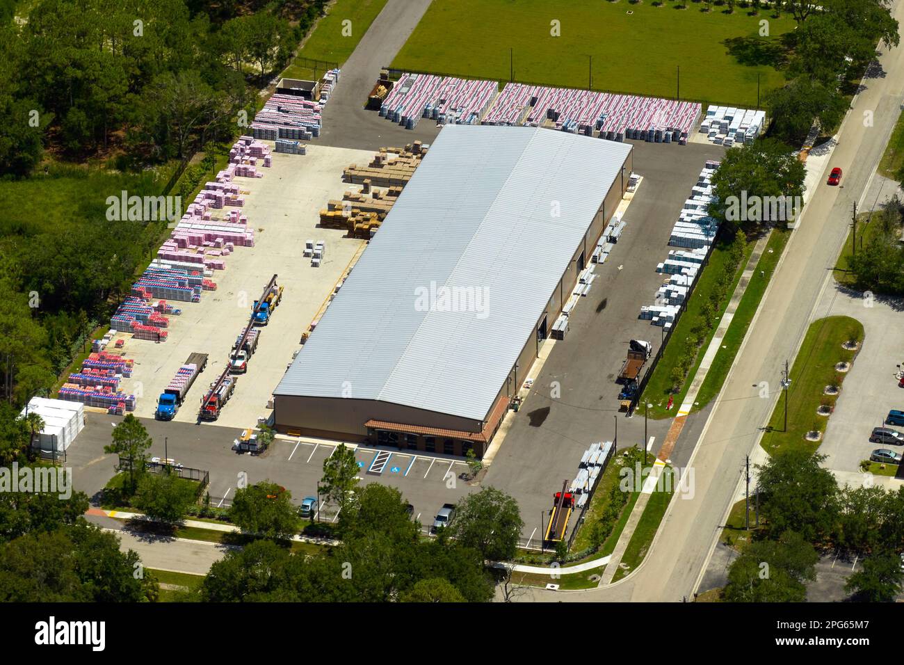 Aerial view of industrial park with goods warehouses and logistics