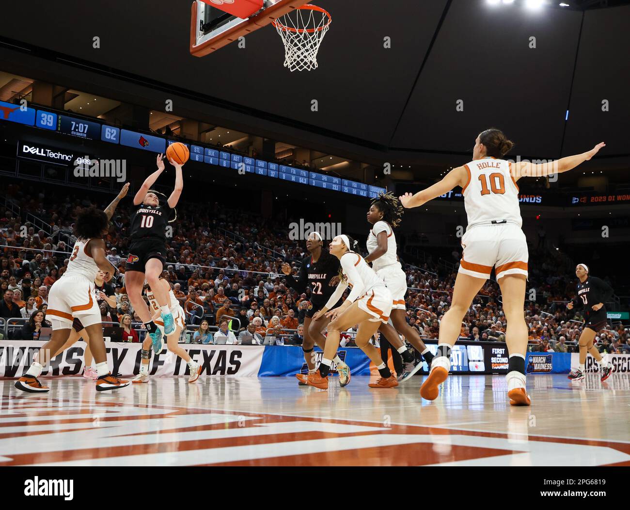 March 20, 2023: Louisville guard Hailey Van Lith (10) shoots the ball during the NCAA Women's College Basketball Tournament second round game between Texas and Louisville on March 20, 2023 in Austin. Louisville won, 73-51, and advances to the Sweet 16. (Credit Image: © Scott Coleman/ZUMA Press Wire) EDITORIAL USAGE ONLY! Not for Commercial USAGE! Stock Photo