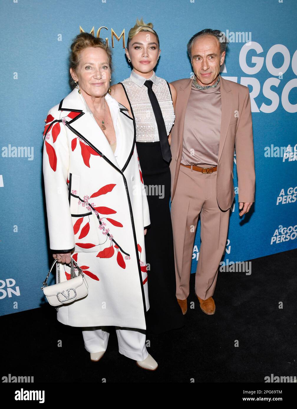 Florence Pugh, center, and her parents Deborah Mackin, left, and Clinton Pugh attend a special screening of "A Good Person" at Metrograph on Monday, March 20, 2023, in New York. (Photo by Evan Agostini/Invision/AP) Stock Photo