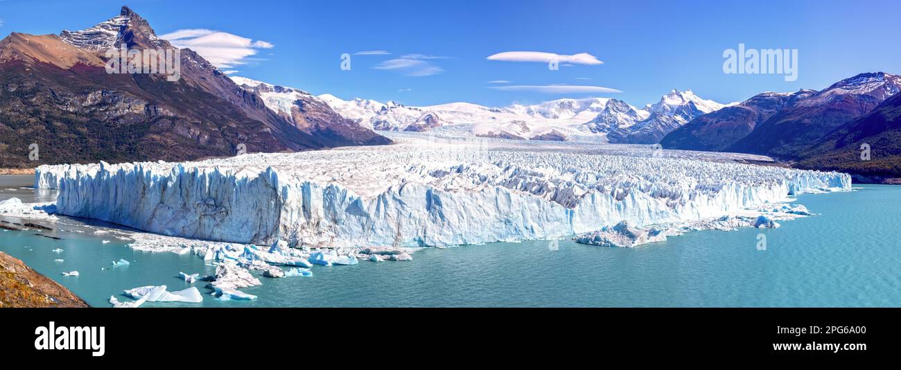 Panoramic Landscape View Famous Perito Moreno Glacier Ice Field,  Scenic Los Glaciares National Park, Unesco World Heritage Site Patagonia Argentina Stock Photo