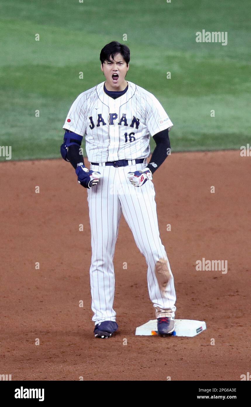 Miami, United States. 20th Mar, 2023. Japan's Shohei Ohtani (16) reacts after hitting a double in the inning of the 2023 World Baseball Classic semifinal game against Mexico in Miami, Florida on Monday, March 20, 2023. Photo by Aaron Josefczyk/UPI Credit: UPI/Alamy Live News Stock Photo