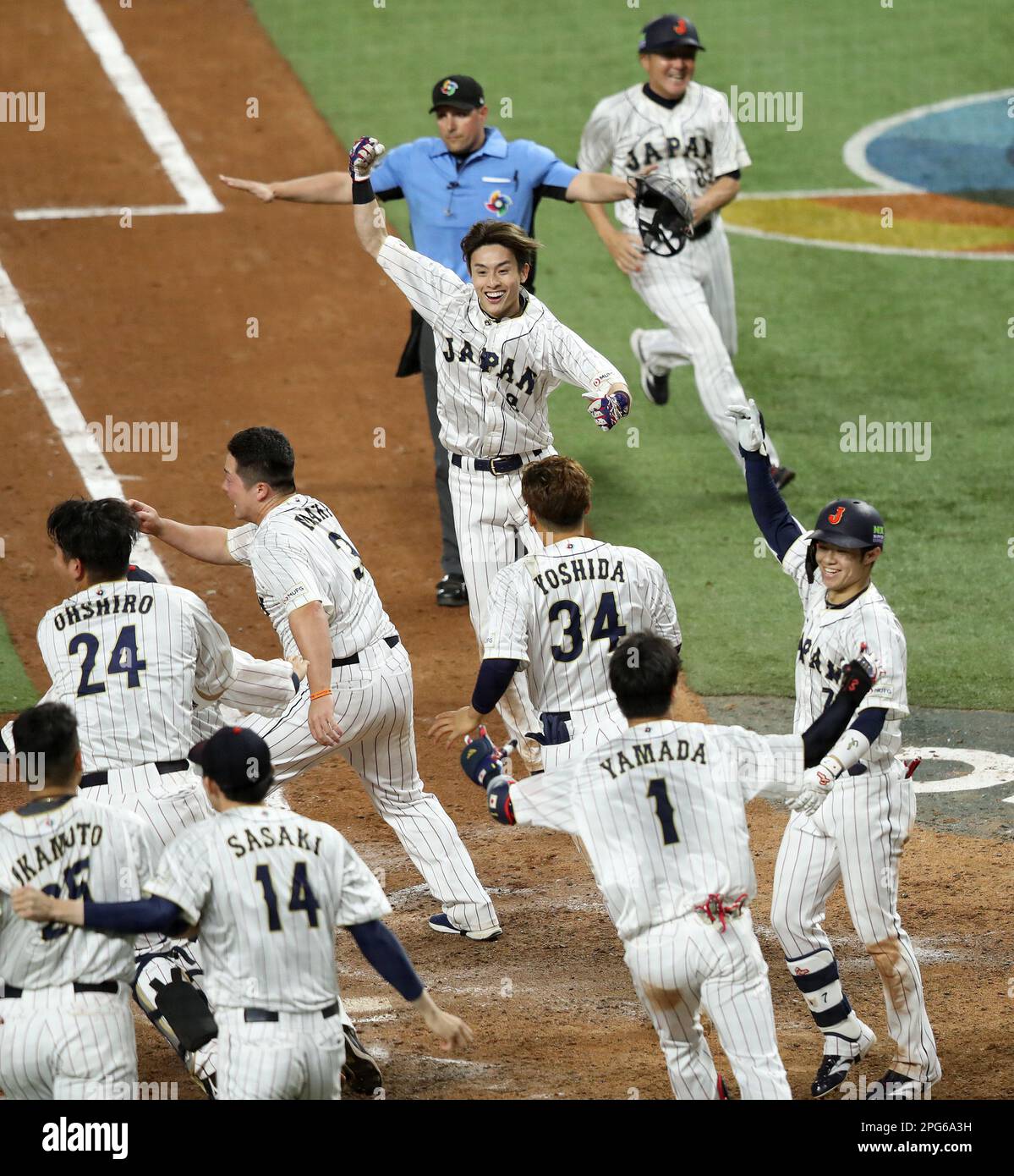 Miami, United States. 20th Mar, 2023. Japan's Ukyo Shuto (9) celebrates after scoring the game winning run off of Munetaka Murakami's (55) hit in the ninth inning of the 2023 World Baseball Classic semifinal game against Mexico in Miami, Florida on Monday, March 20, 2023. Photo by Aaron Josefczyk/UPI Credit: UPI/Alamy Live News Stock Photo