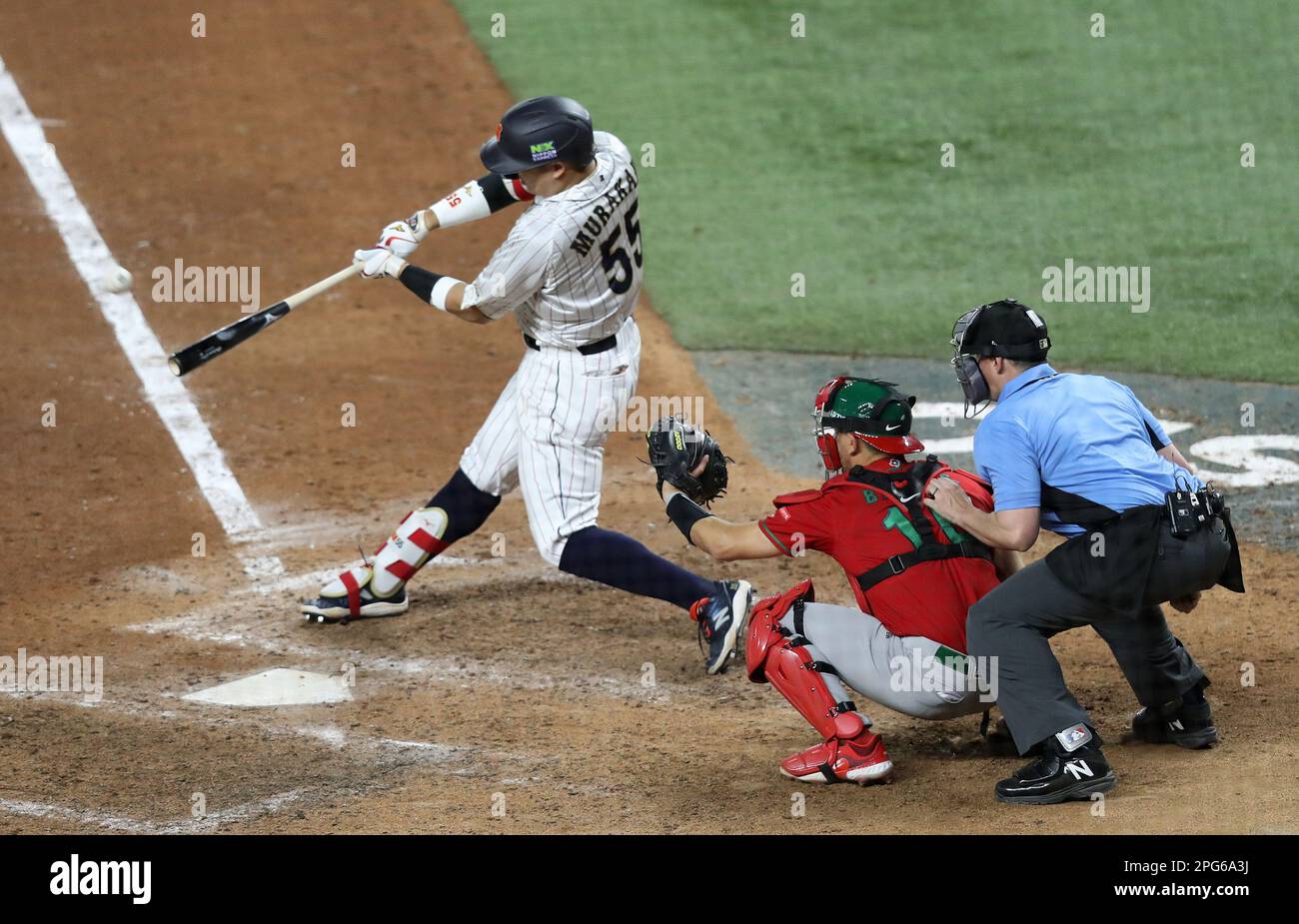 Miami, United States. 20th Mar, 2023. Japan's Munetaka Murakami (55) hits the game winning single in the ninth inning of the 2023 World Baseball Classic semifinal game against Mexico in Miami, Florida on Monday, March 20, 2023. Photo by Aaron Josefczyk/UPI Credit: UPI/Alamy Live News Stock Photo
