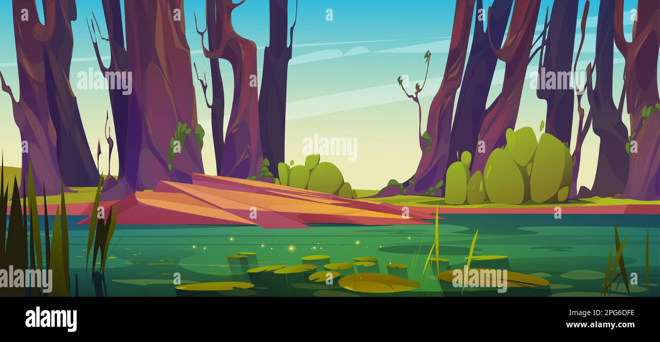 Green swamp or lake with waterlily vector background. Summer pond with bush in park. Dirty water in river with shining surface cartoon illustration for fantasy game. Foreground with wild landscape. Stock Vector