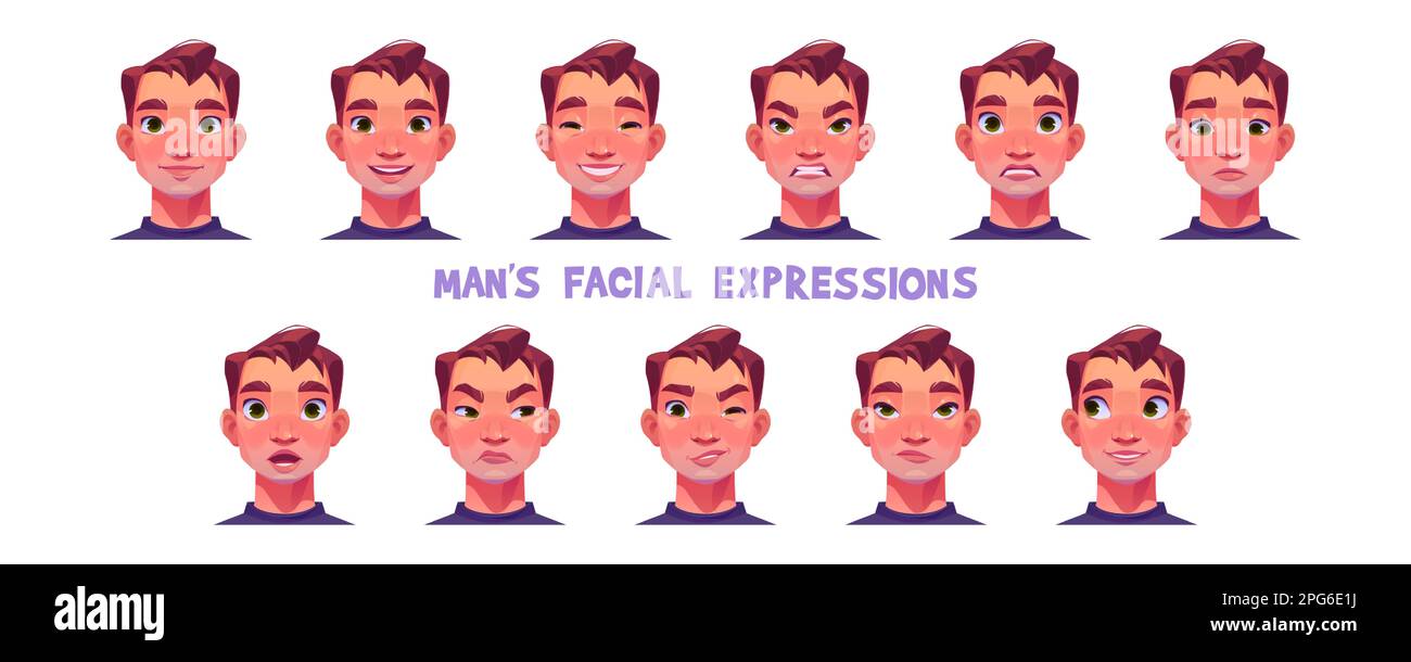 Man character face with sad, happy and angry facial expression. Male avatar with different emotions, smile, upset, surprise, anger, laugh and wink, vector cartoon set Stock Vector