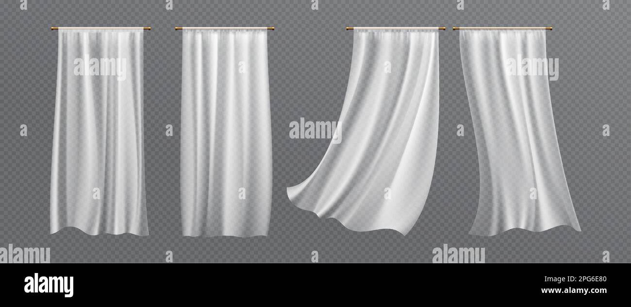 Realistic set of white curtains hanging isolated on transparent