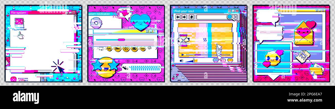 Social media posts with retro computer interface with glitch effect. Abstract posters templates with desktop PC screen design in retrowave style in neon colors, vector illustration Stock Vector