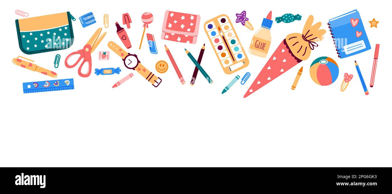 Banner,header with school stationery objects.Vector illustration in flat style Stock Vector ...