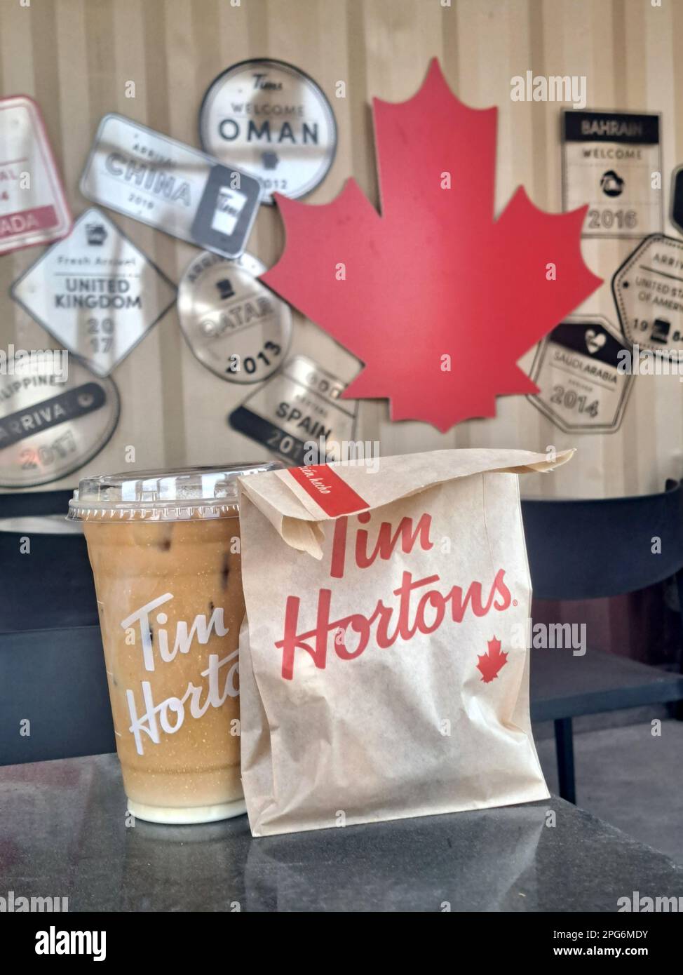 Queretaro, Mexico - Feb 13 2023: The Canadian restaurant chain, Tim Hortons, opened its first branch in Quertaro, seeking to be the largest fast food Stock Photo