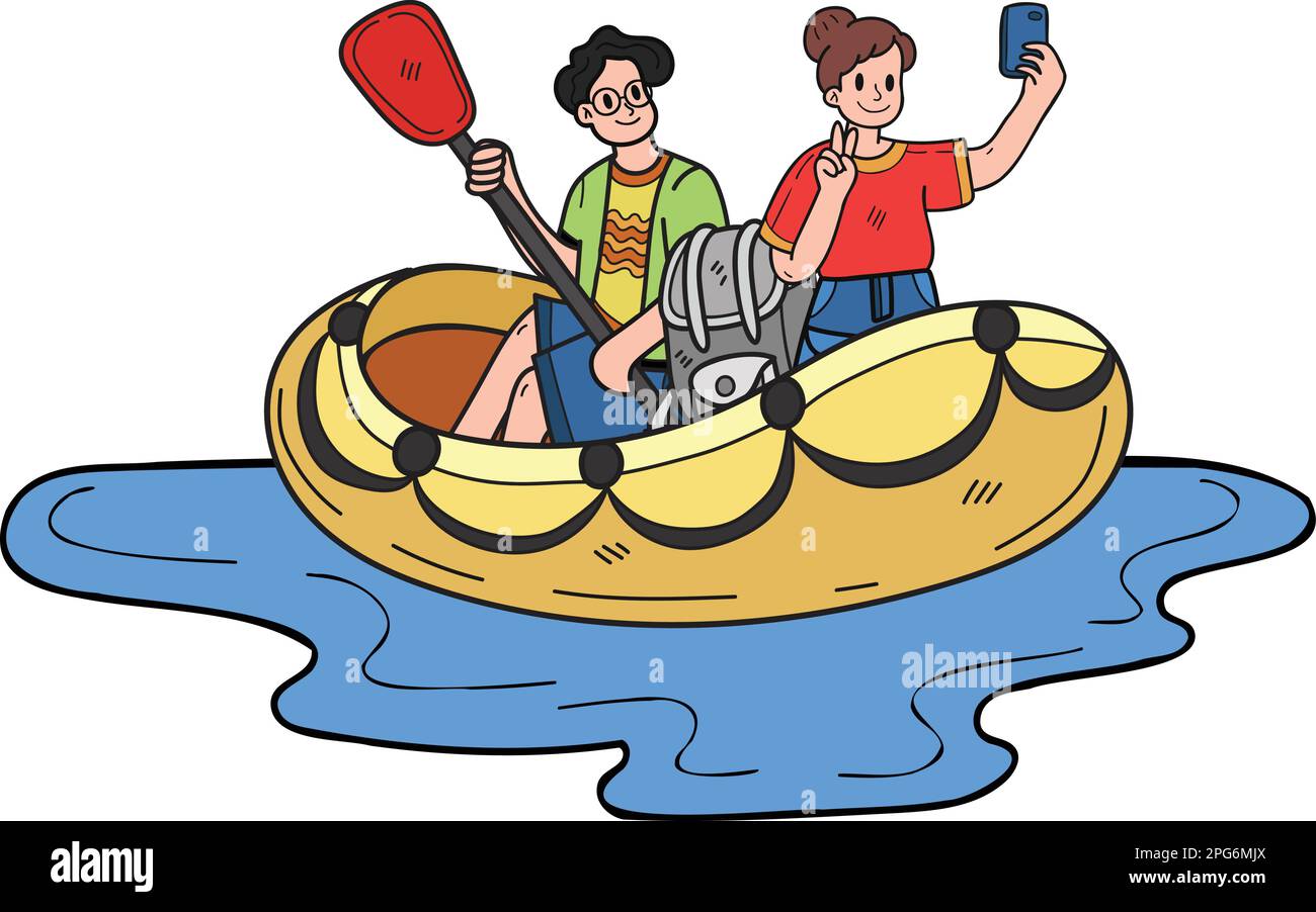 couple taking selfie on boat illustration in doodle style isolated on background Stock Vector