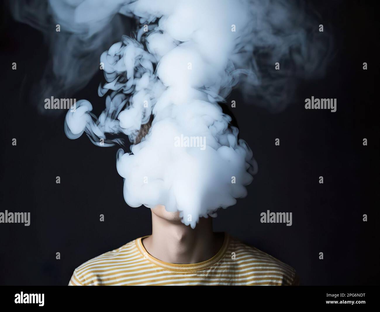 Cloudy smoke covering the face of smoker. Concept and idea of heavy smoking, chain smoker or