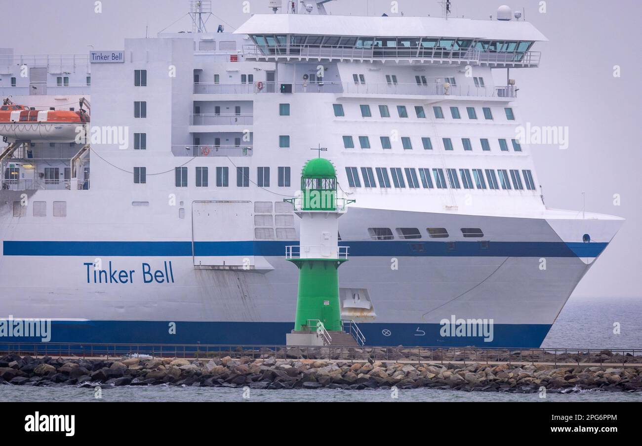 Rostock, Germany. 20th Mar, 2023. The ferry ship 'Tinker Bell' of the shipping company TT-Line enters the seaport of Rostock in the morning. The 220 meter long ship comes from Trelleborg, Sweden. The weather in northern Germany at the beginning of the week is cloudy and mild. Credit: Jens Büttner/dpa/Alamy Live News Stock Photo