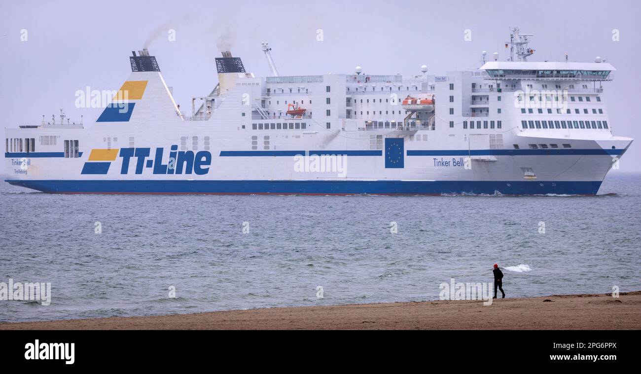 Rostock, Germany. 20th Mar, 2023. The ferry ship 'Tinker Bell' of the shipping company TT-Line enters the seaport of Rostock in the morning. The 220 meter long ship comes from Trelleborg, Sweden. The weather in northern Germany at the beginning of the week is cloudy and mild. Credit: Jens Büttner/dpa/Alamy Live News Stock Photo