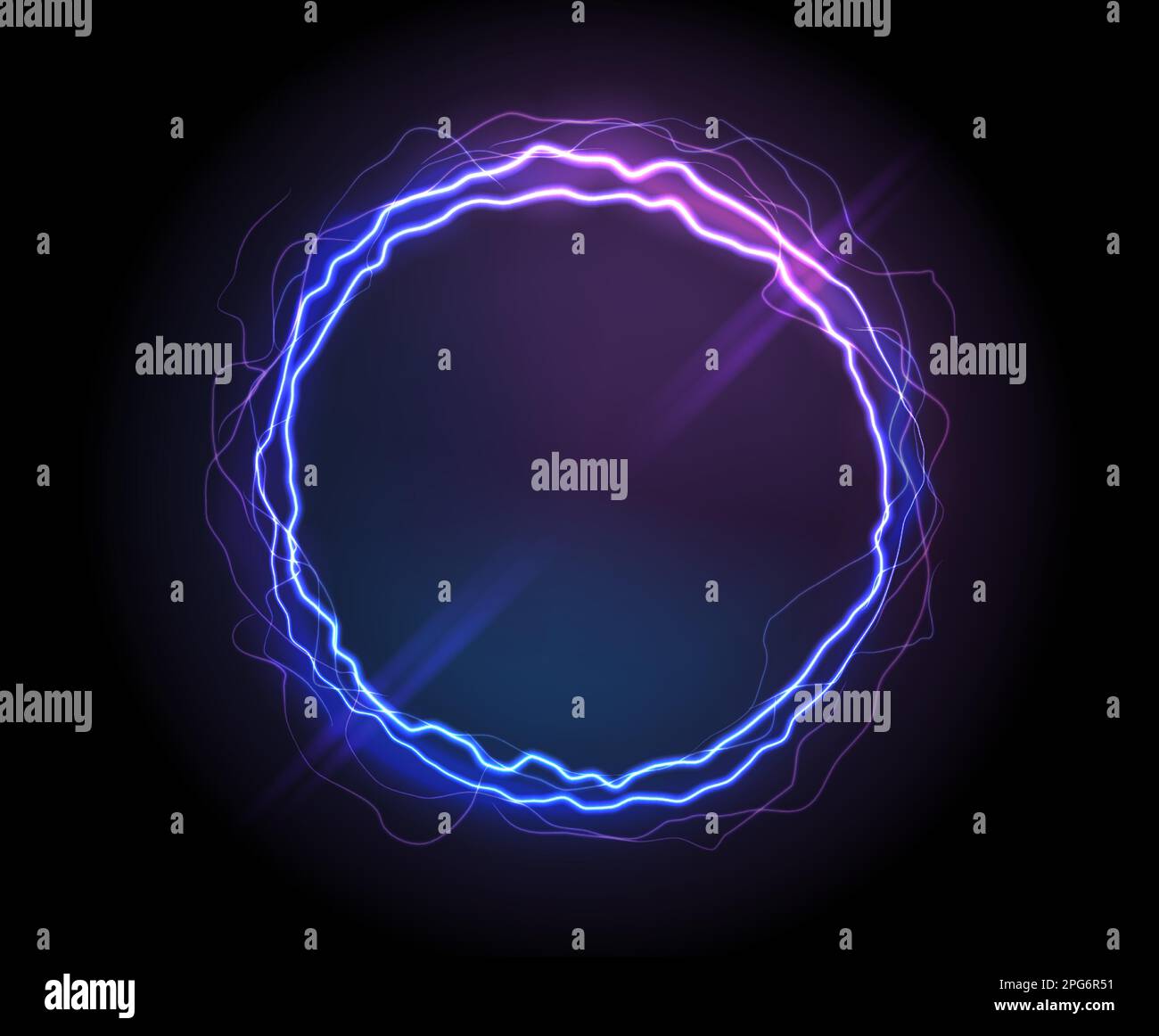 Electric circle or plasma round, realistic vector illustration. Abstractt round lightning frame with burning rays or powerful electric discharges isolated on black. Magical energy design element Stock Vector