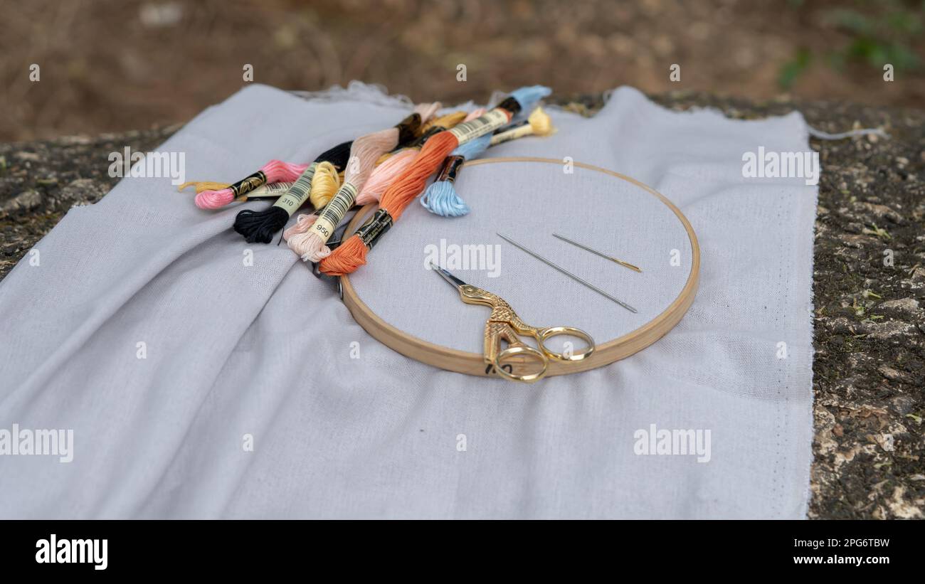 Accessories for hand embroidery with embroidery flosses hoops, needles