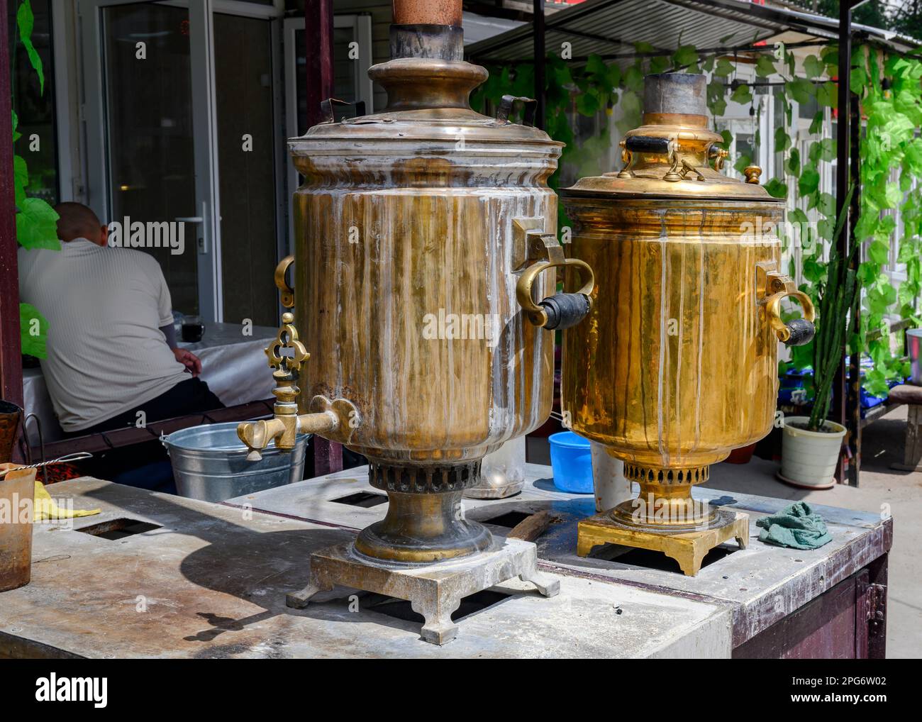 Russian samovars over 100 years old, awarded with medals of exhibitions, in a village in Kyrgyzstan Stock Photo