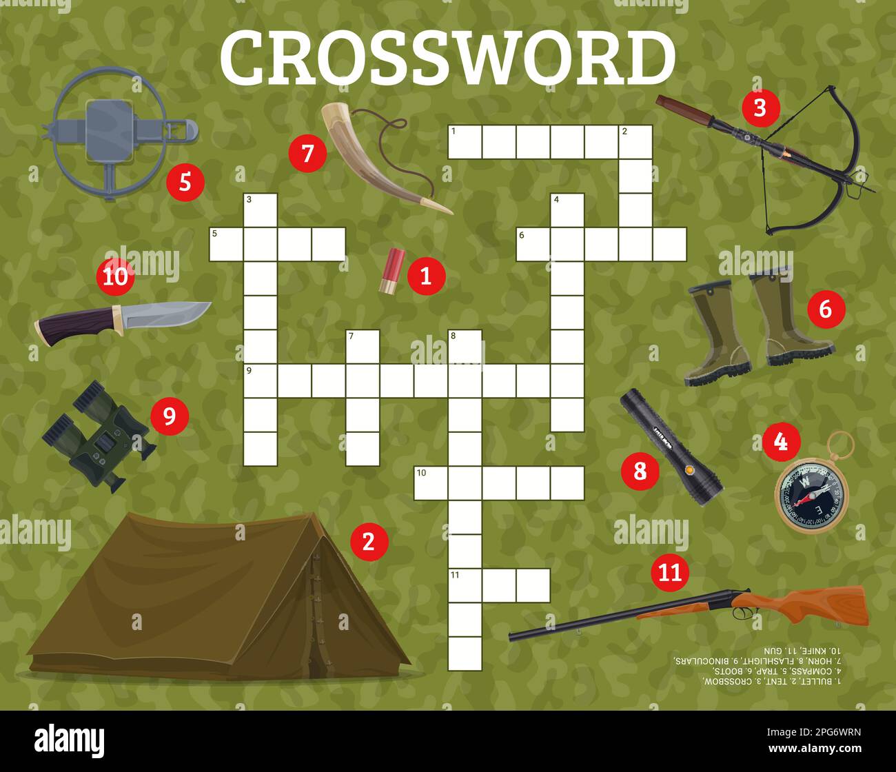 Crossword quiz game grid. Hunting equipment and weapon. Educational