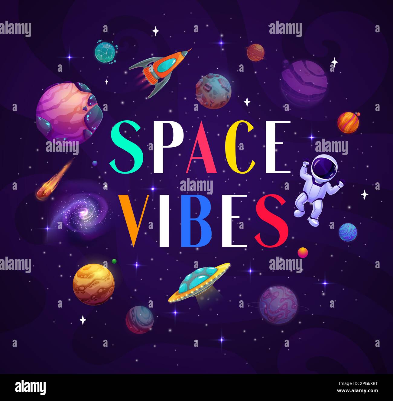 Cartoon kids space banner, space vibes. Vector cosmic background with rocket, ufo, astronaut and stars in galaxy or Universe. Creative childish typogr Stock Vector