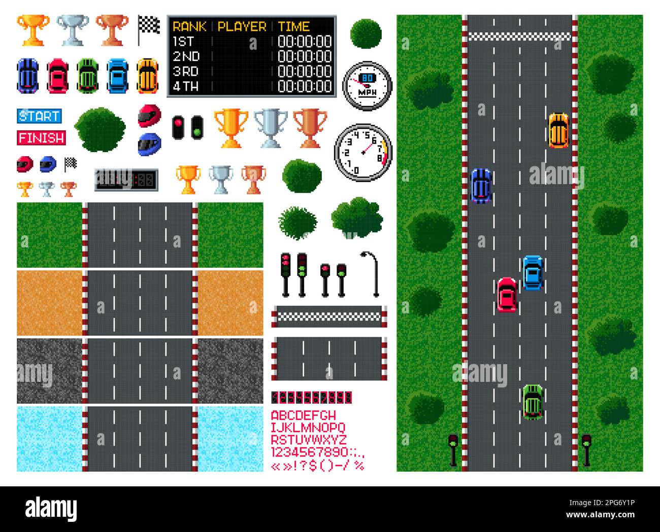 Pixel race, arcade game top view, car racing video game in retro 8 bit, vector asset icons. Vintage computer game arcade or car races props and player Stock Vector