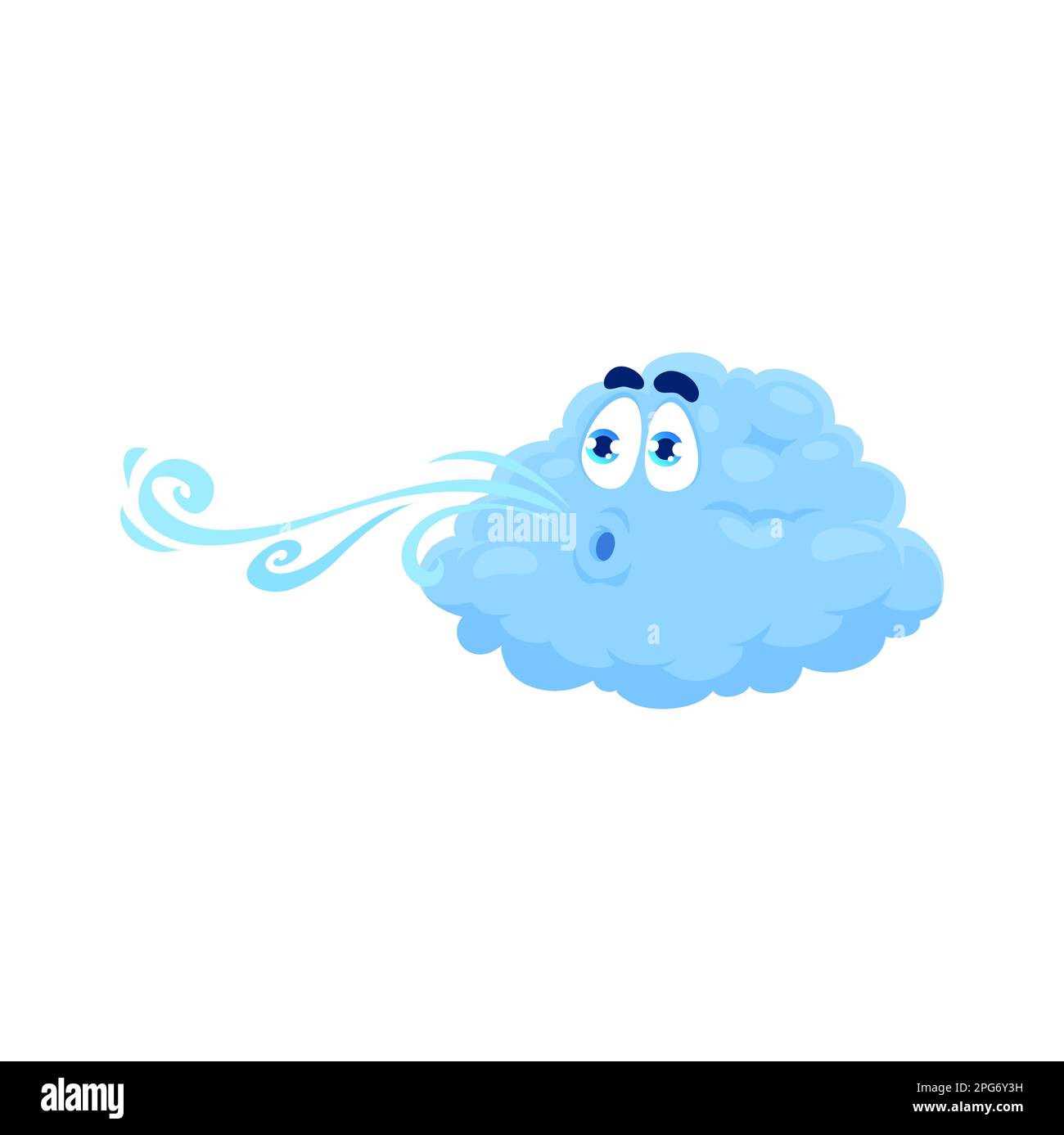 Cartoon wind weather character, isolated vector mischievous cloud blowing air currents or gusts of wind from mouth. Nature and climate meteorology for Stock Vector