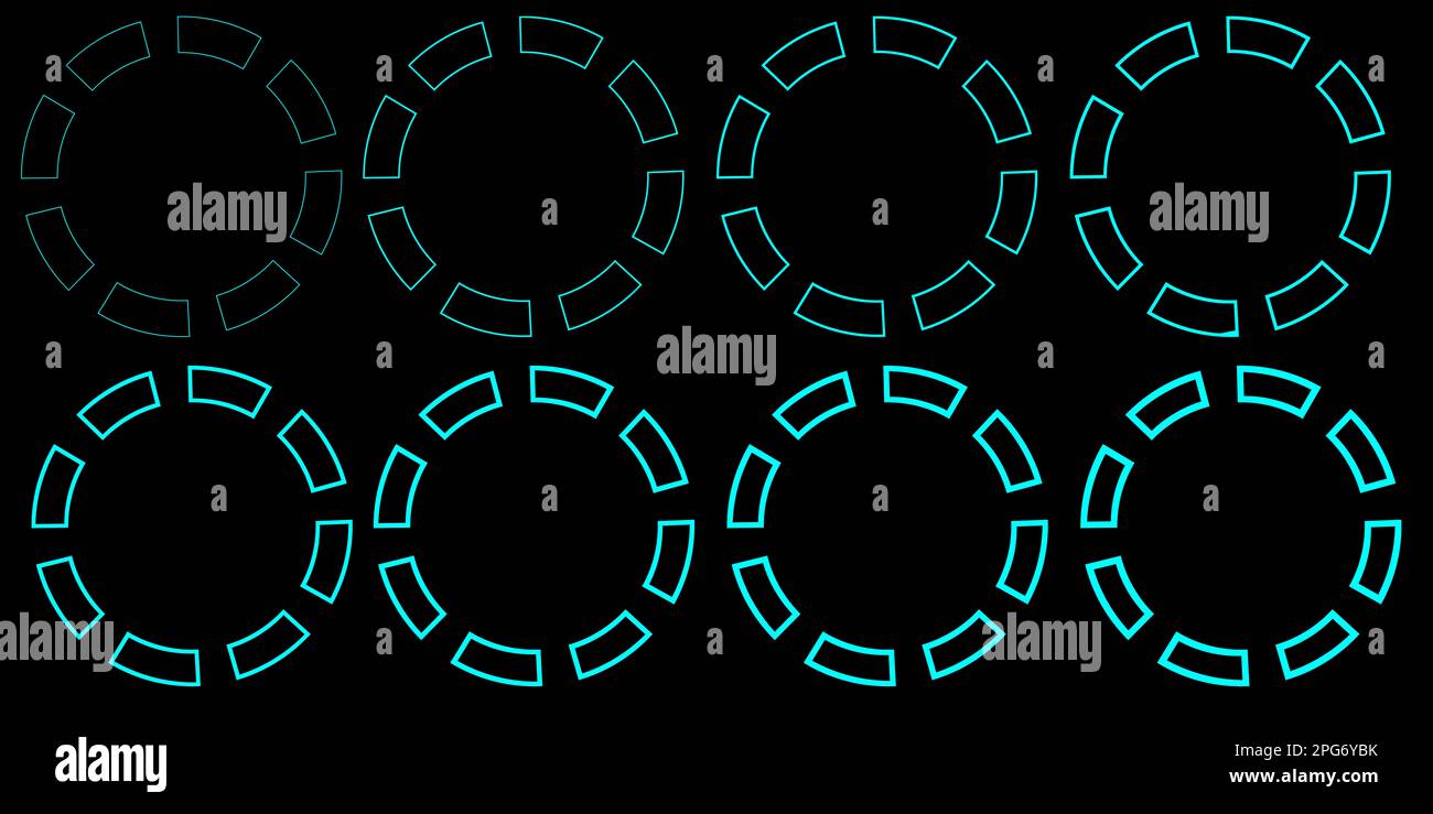 Set of neon blue circles on a black background. gear circle light blue ...