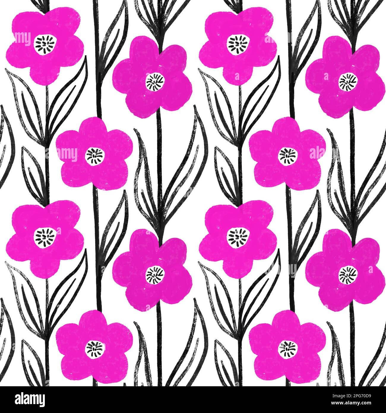 Hand drawn seamless pattern with hot pink fuchsia flowers with black ...
