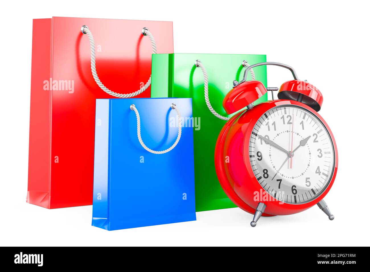 Shopping bags with alarm clock, 3D rendering isolated on white ...