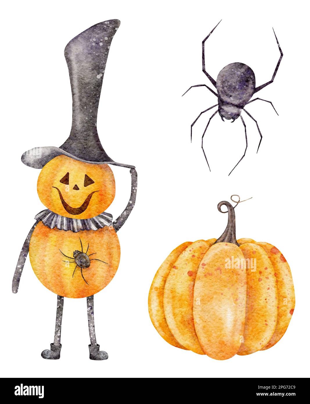 Halloween horror elements watercolor jack pumpkinhead orange pumpkin