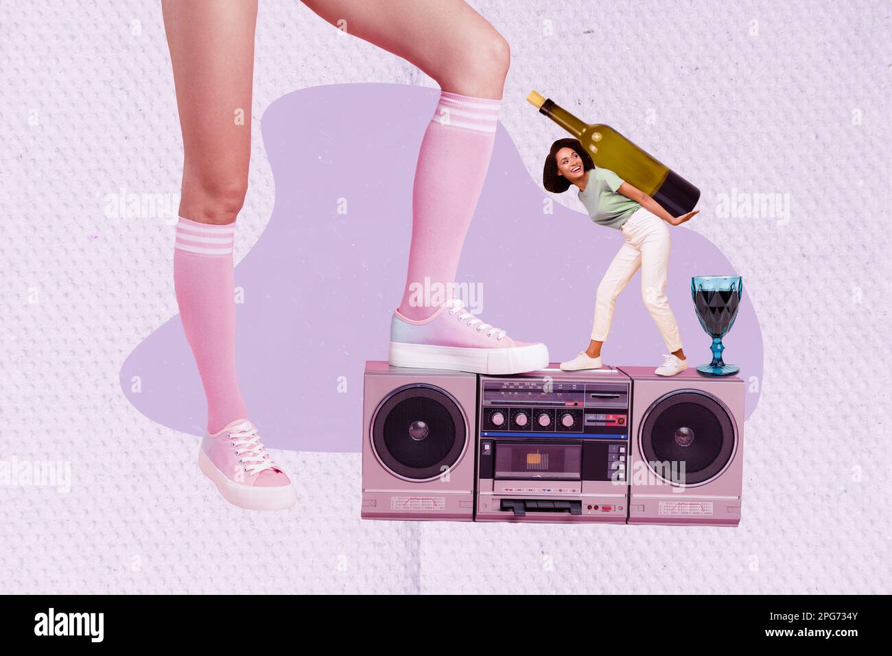 Creative minimal photo magazine collage of young woman hold bottle