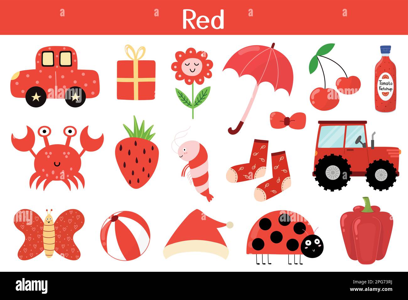 Red color objects set. Learning colors for kids. Cute elements
