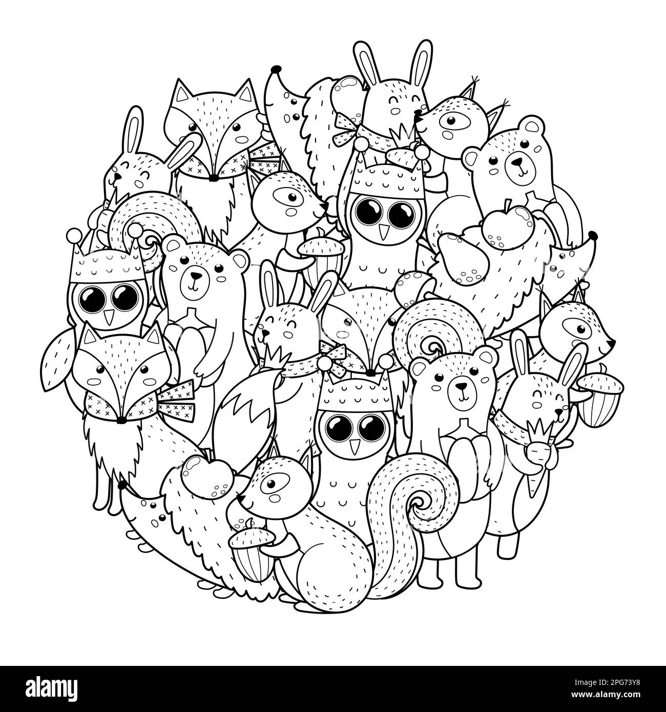 Cute woodland animals circle shape pattern for coloring book Stock