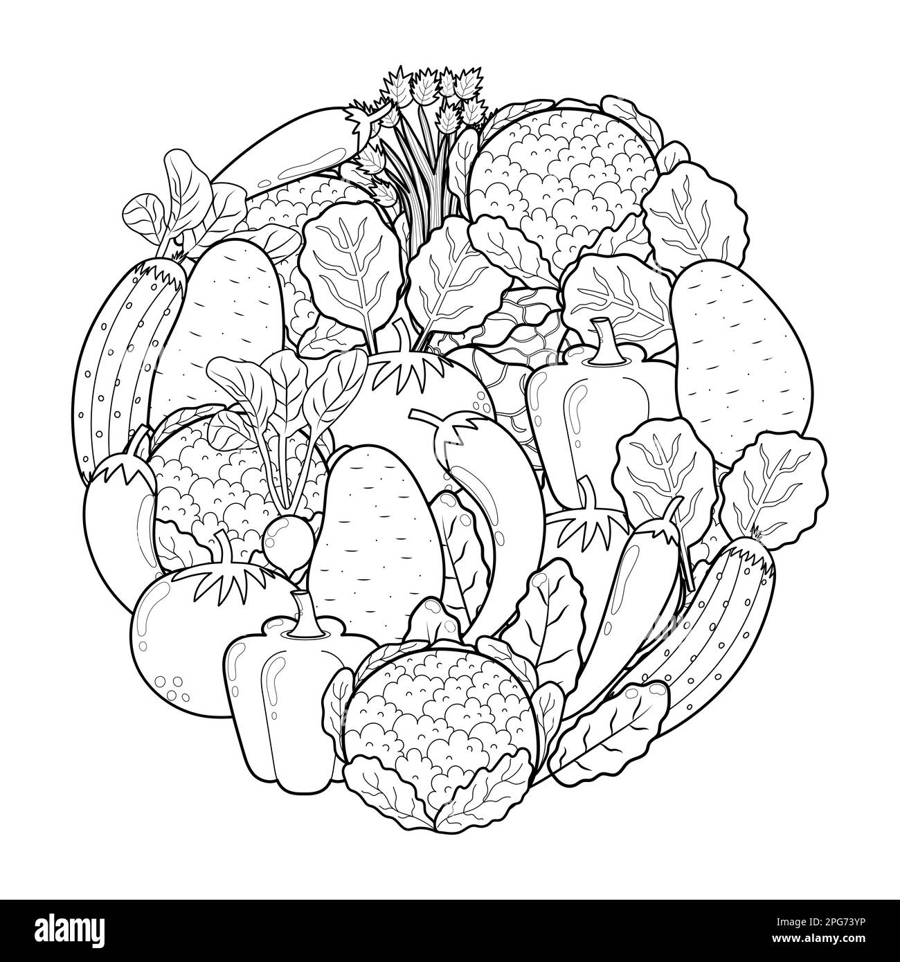 Doodle vegetables circle shape pattern for coloring book. Food mandala coloring page Stock Vector