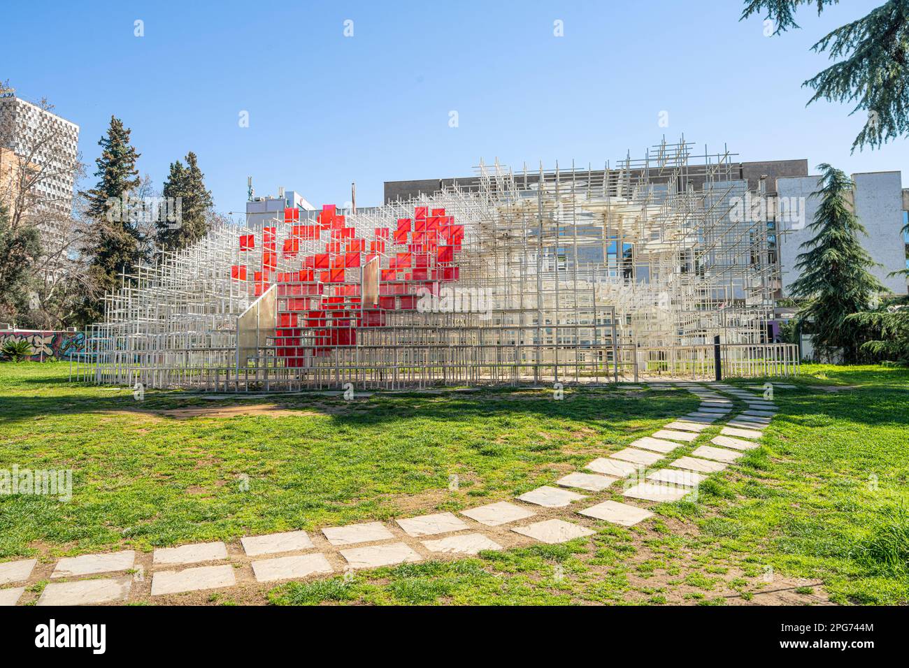 Tirana, Albania. March 2023. Reja (the Cloud) is a modern art installation designed by the Japanese architect: Sou Fujimoto. The “Cloud” pavilion, whi Stock Photo