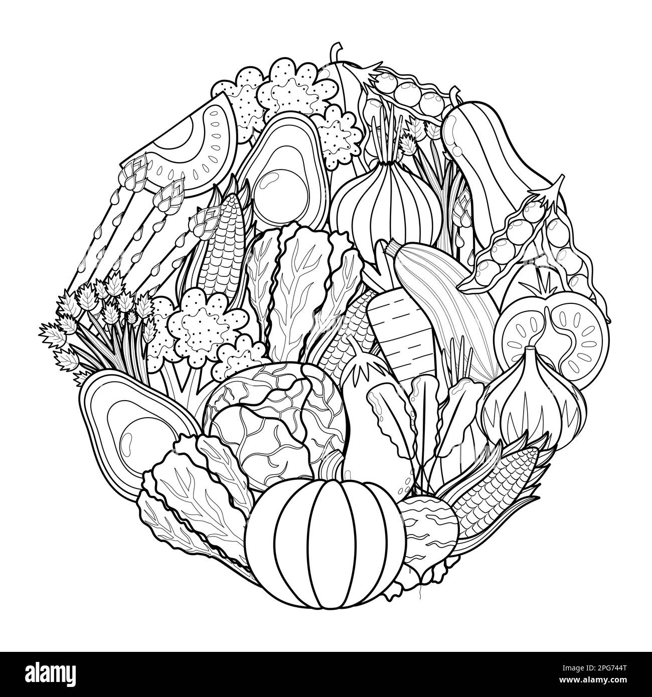 Doodle vegetables circle shape pattern for coloring book Stock Vector