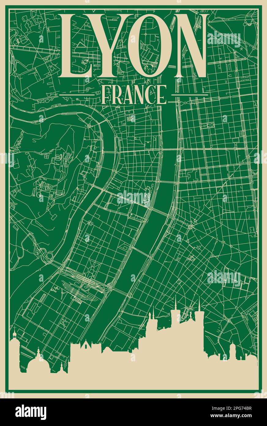 Road network poster of the downtown LYON, FRANCE Stock Vector Image