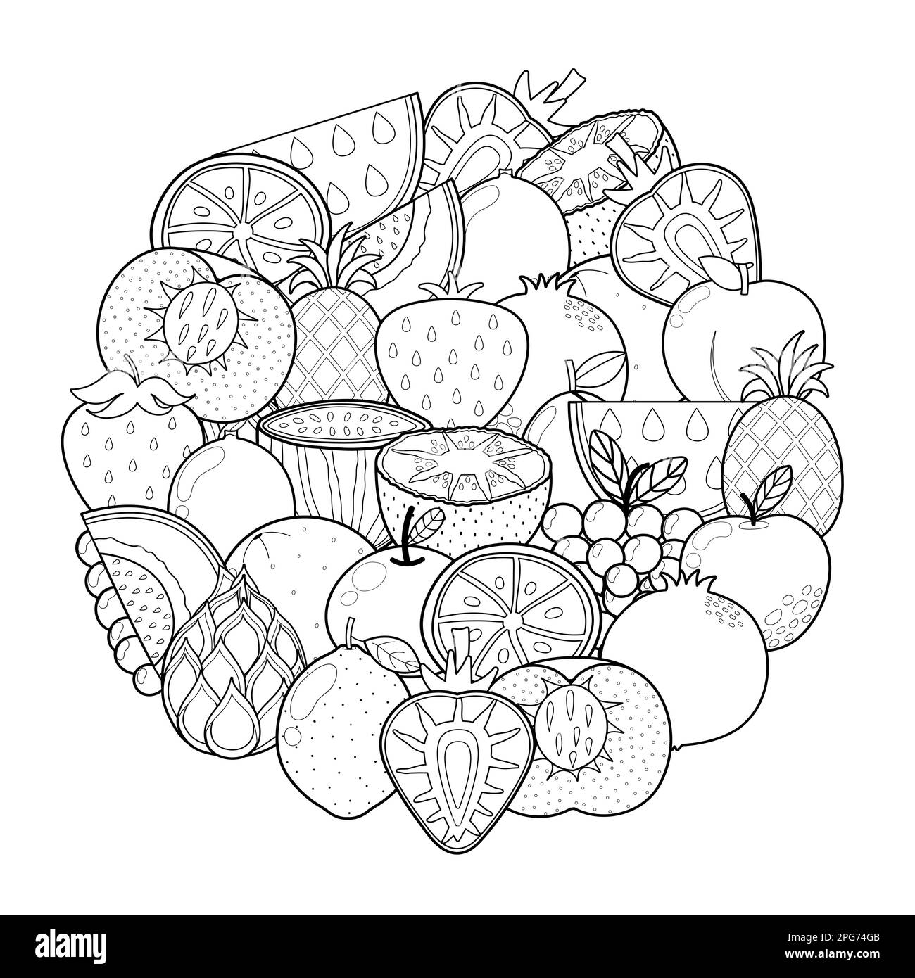 Doodle fruits circle shape pattern for coloring book. Food mandala coloring page Stock Vector