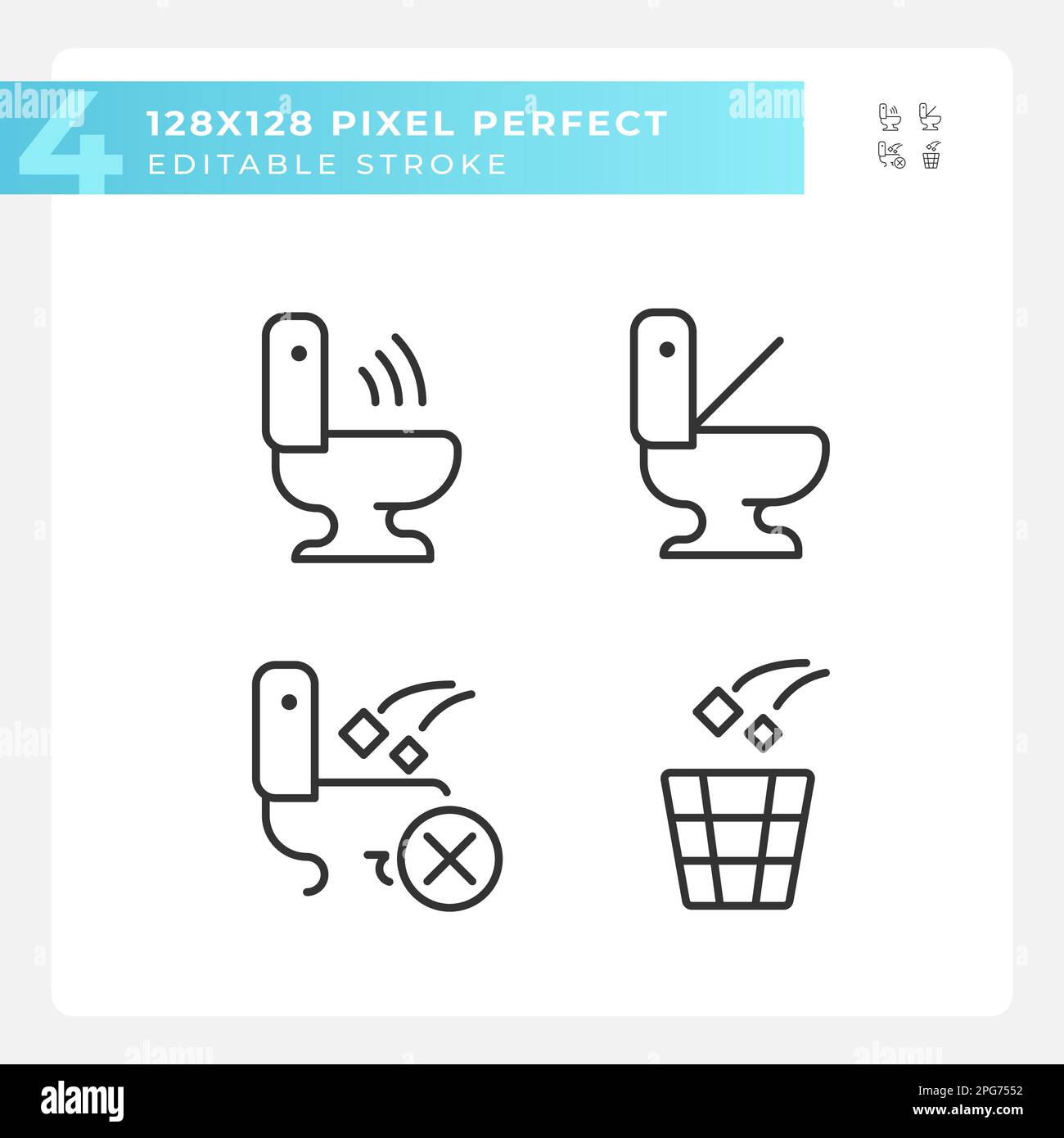 Toilet usage recommendations pixel perfect linear icons set Stock Vector