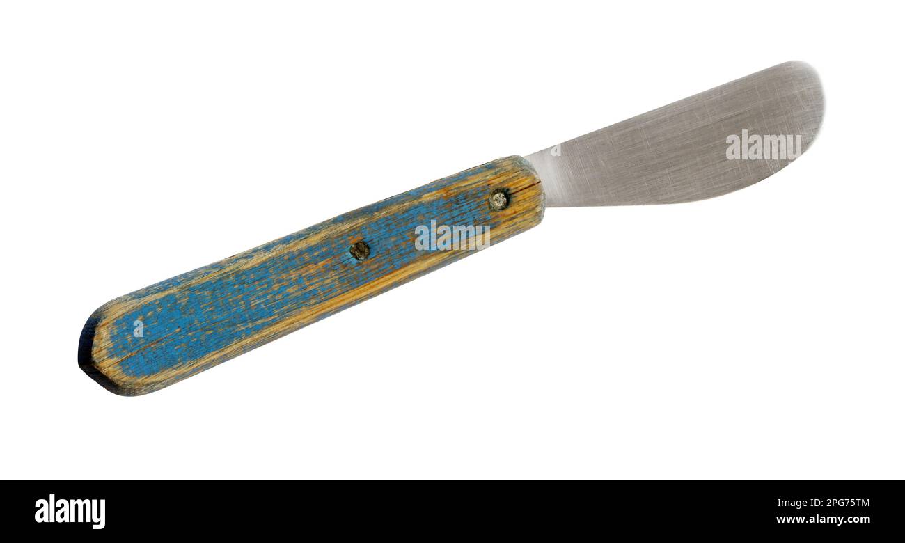 Old butter knife with blue wooden handle isolated on white background