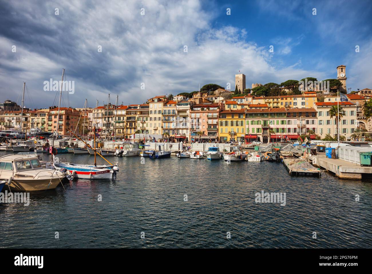City skyline of Cannes on French Riviera in France, seaside houses in